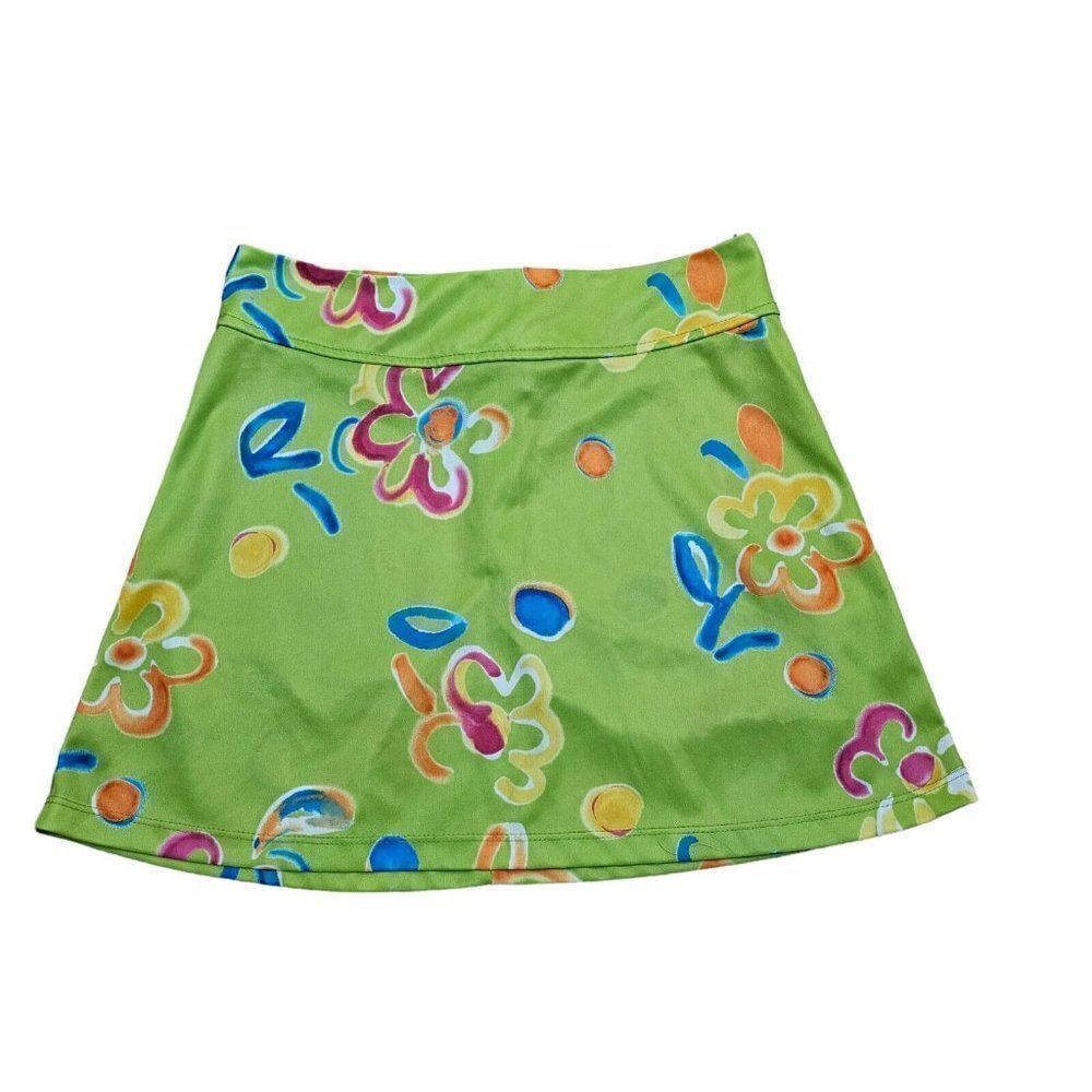 Vintage 90s Does 60s Mini Skirt Juniors Size 7 Neon Green Short Floral